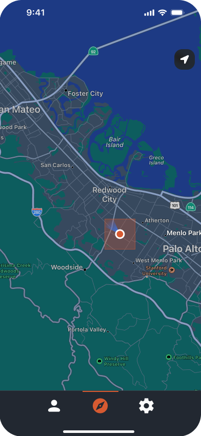 Discover app prototype showing the map view and selected square